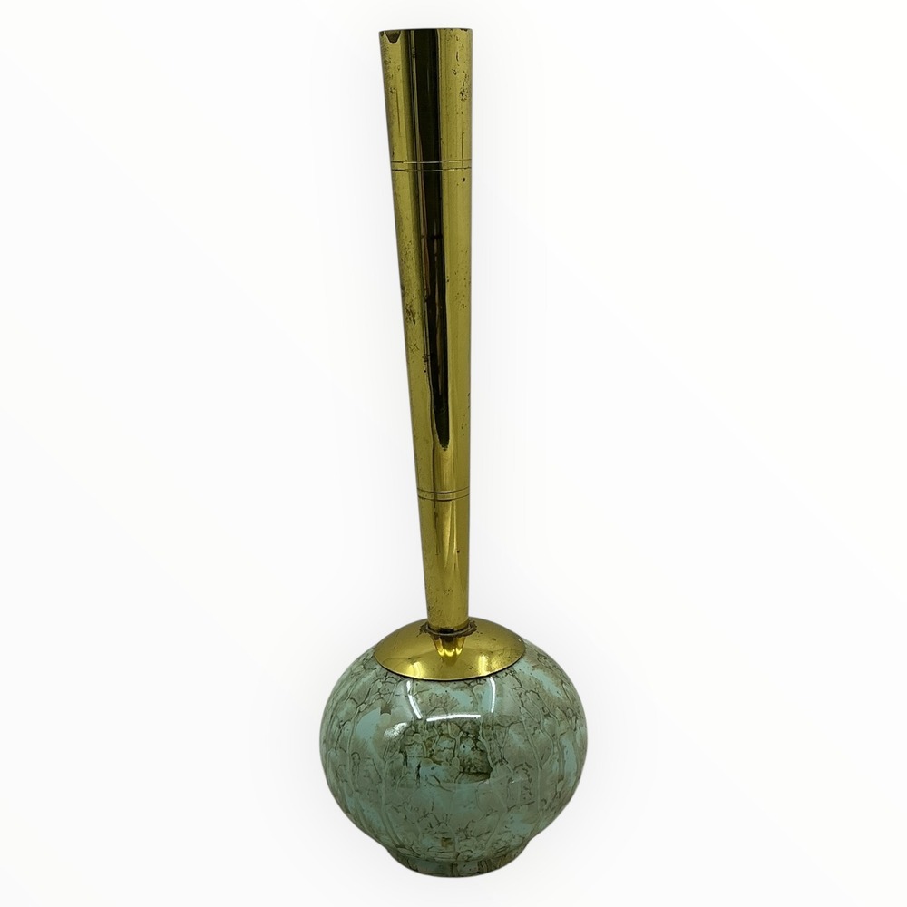 Hand‎ Painted Delft Holland Bud Vase Brass Stem Blue Green 8.5 Inch MCM